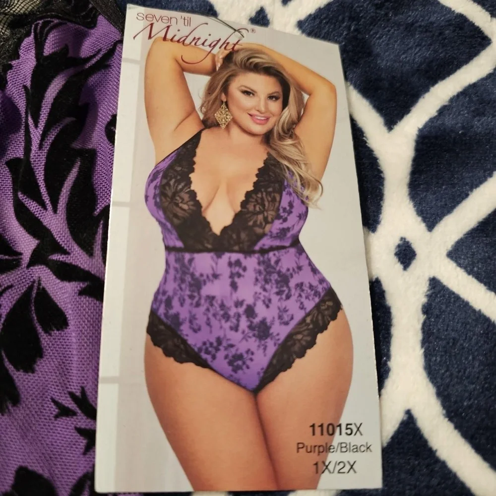 NWT SEVEN TIL MIDNIGHT Purple Black Flocked Lace Lingerie‎ Womens Size 1X/2X